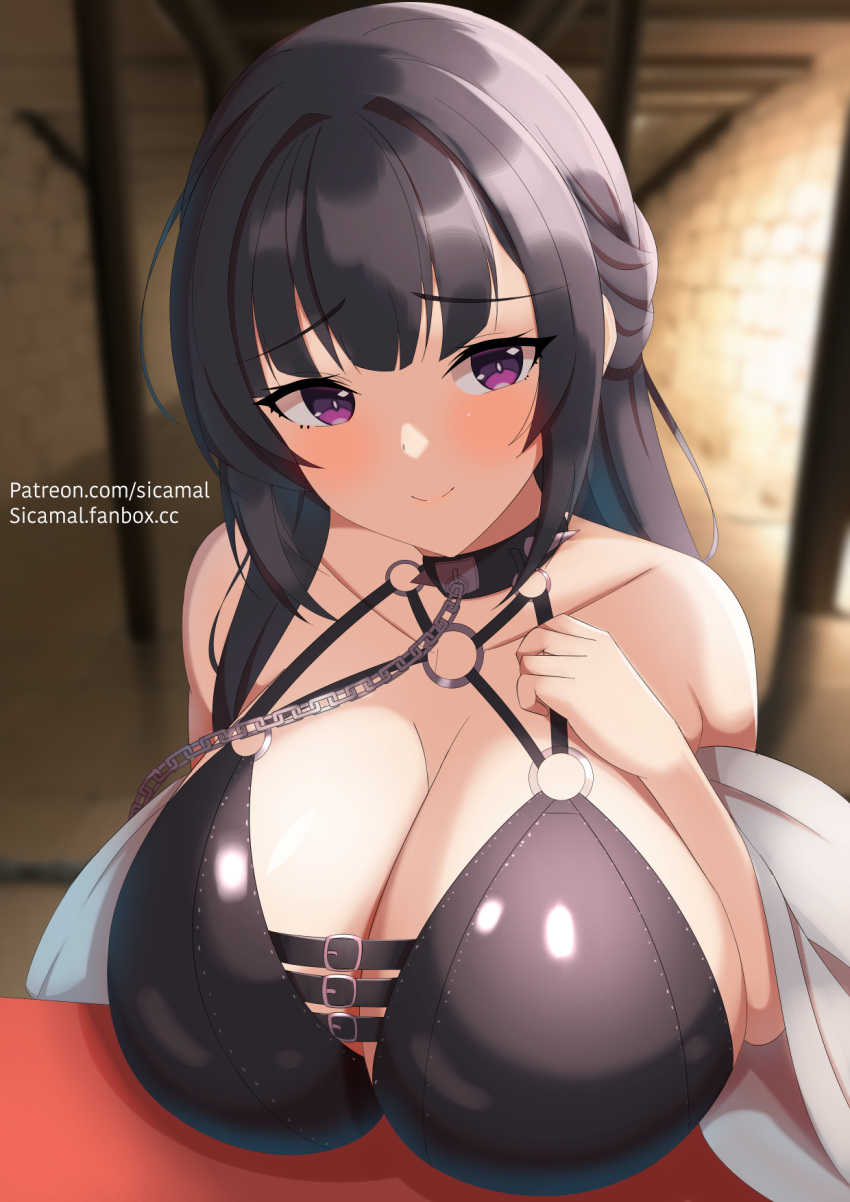 bikini bikini_top_only black_bikini black_hair blunt_bangs blush bondage_outfit breast_rest breasts chain chain_leash chest_harness cleavage collar collarbone goddess_of_victory:_nikke harness highres huge_breasts large_breasts leash leather_bikini long_hair looking_at_viewer mihara_(nikke) navel o-ring o-ring_top purple_eyes sicamal sidelocks smile solo spiked_collar spikes swimsuit symbol-shaped_pupils table