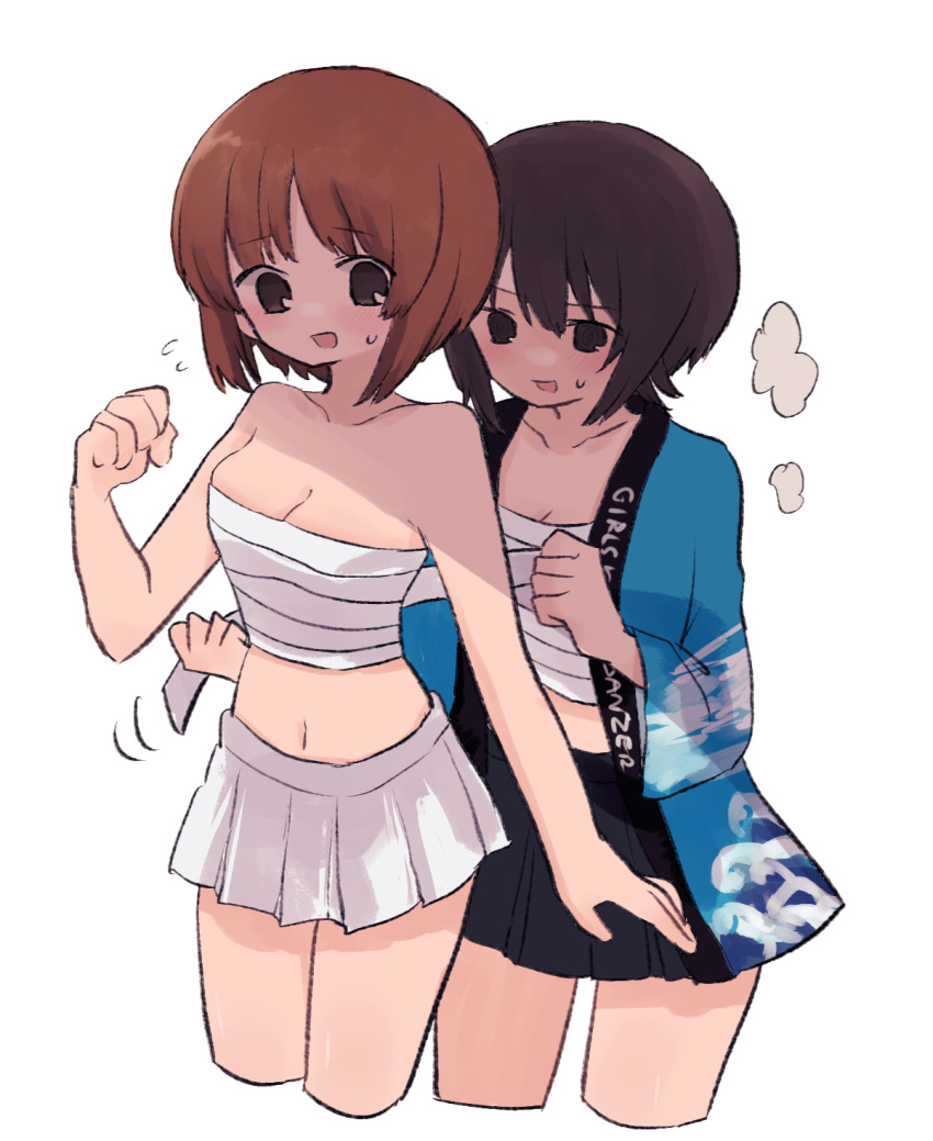 2girls bare_shoulders black_skirt blue_jacket blush breasts brown_eyes brown_hair cleavage commentary copyright_name cropped_legs flying_sweatdrops girls_und_panzer hanten_(clothes) highres jacket looking_at_another looking_at_viewer medium_breasts miniskirt motion_lines multiple_girls navel nishizumi_maho nishizumi_miho no_shirt open_clothes open_jacket open_mouth pleated_skirt ri_(qrcode) sarashi short_hair siblings simple_background sisters skirt smile standing steam sweatdrop tying white_background white_skirt