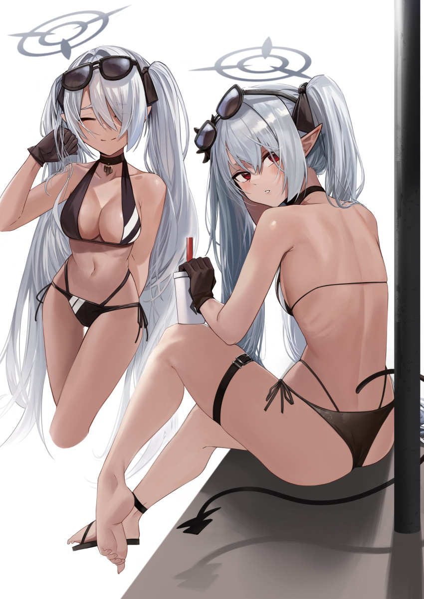 1girl absurdres anizi back barefoot bikini black_bikini black_choker black_footwear black_gloves blue_archive breasts choker closed_eyes dark-skinned_female dark_skin demon_tail eyewear_on_head gloves grey_hair hair_over_one_eye hair_ribbon halo highres iori_(blue_archive) iori_(swimsuit)_(blue_archive) legs long_hair looking_at_viewer looking_back medium_breasts multi-strapped_bikini multiple_views navel pointy_ears red_eyes ribbon sandals side-tie_bikini_bottom sitting smile soles sunglasses swimsuit tail thigh_strap toenails toes twintails very_long_hair white_background