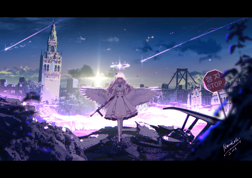 1girl absurdres angel_wings artist_name blue_archive blue_hair blue_ribbon bridge buttons capelet cityscape closed_mouth cloud commentary double-breasted dress empty_eyes english_commentary evening false_smile feathered_wings full_body gradient_hair gun hair_bun hair_ornament hair_scrunchie halo high_heels highres holding holding_gun holding_weapon letterboxed long_hair looking_at_viewer mika_(blue_archive) multicolored_hair nameless_neet neck_ribbon night night_sky pantyhose pink_hair ribbon road_sign ruins scenery scrunchie shooting_star sign signature single_side_bun sky sleeveless sleeveless_dress smile solo standing star_(sky) stop_sign straight-on sunset tower very_long_hair weapon white_capelet white_dress white_pantyhose white_wings wing_decorations wings wrist_scrunchie yellow_eyes