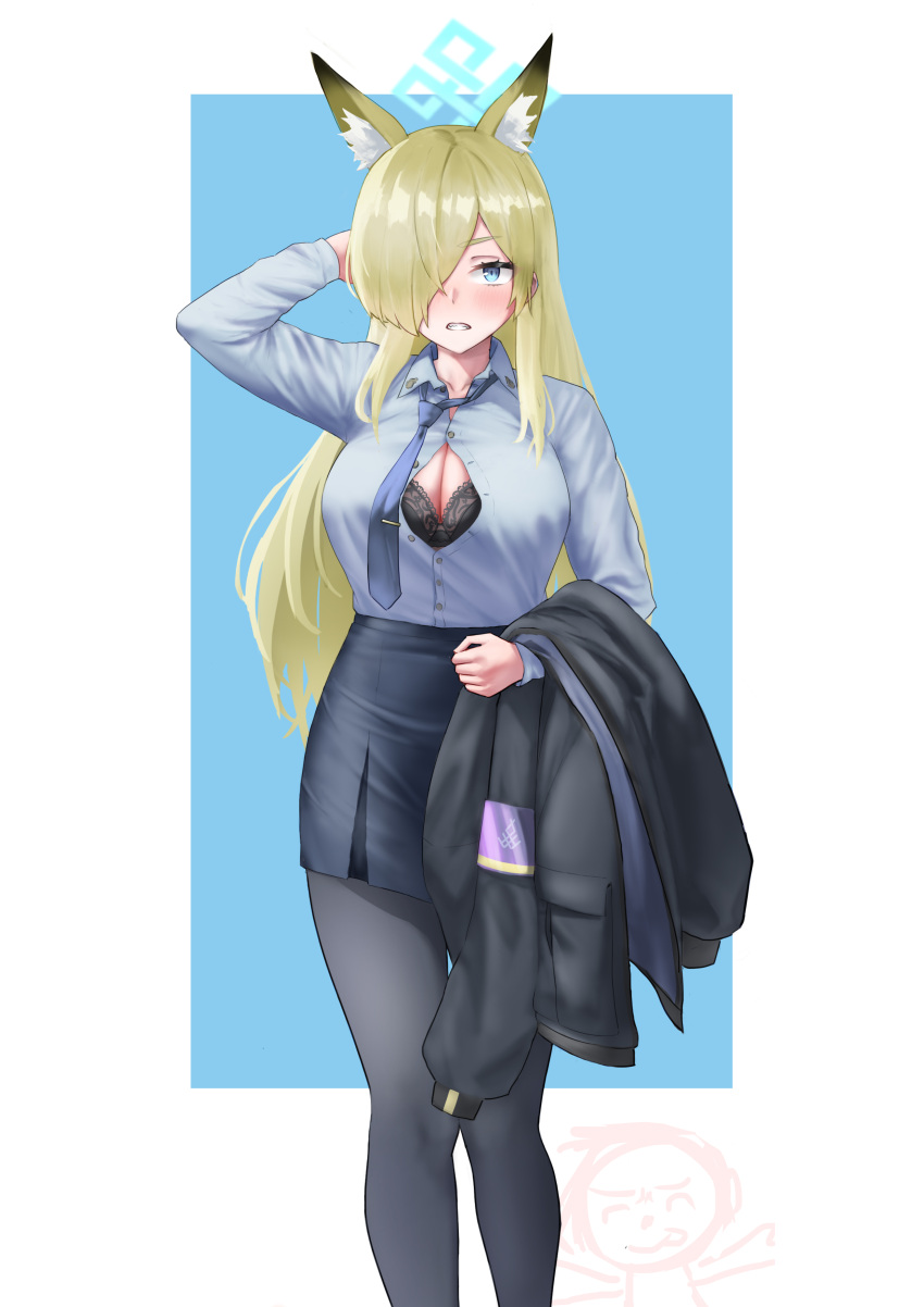 1girl 1other absurdres animal_ear_fluff animal_ears armband arona's_sensei_doodle_(blue_archive) black_bra blonde_hair blue_archive blue_eyes blue_necktie blue_shirt blush bra breasts cleavage dog_ears extra_ears hair_over_one_eye halo highres jacket jacket_removed jsli48763 kanna_(blue_archive) necktie open_clothes open_shirt police police_uniform policewoman sensei_(blue_archive) sharp_teeth shirt teeth tongue tongue_out underwear uniform