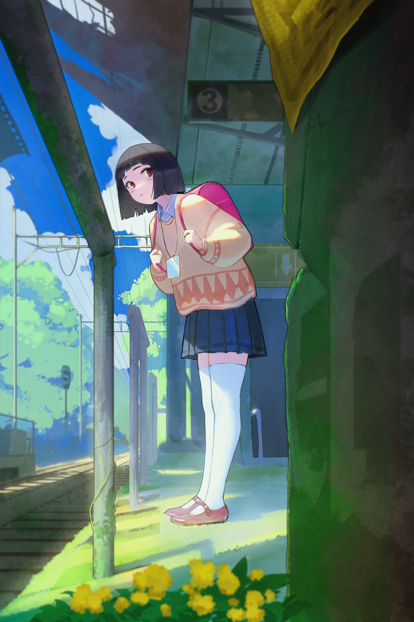 1girl :| abandoned absurdres backpack bag black_hair blue_skirt blunt_ends brown_footwear closed_mouth collared_shirt cool4noodle flower highres holding_strap moss orange_sweater original overgrown pleated_skirt randoseru red_eyes shirt skirt solo sweater thighhighs train_station_platform tree white_shirt white_thighhighs yellow_flower