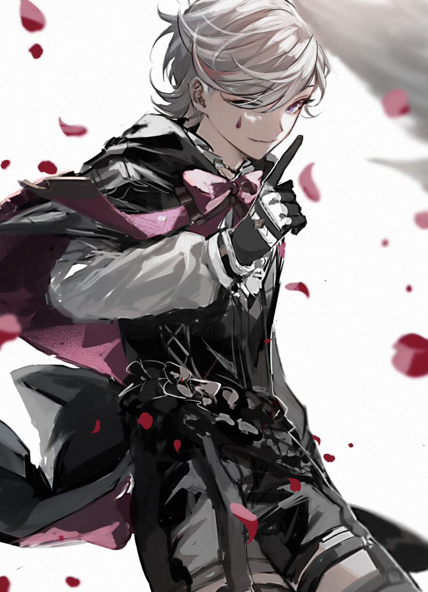 1boy bishounen black_gloves bow bowtie cowboy_shot flower from_side genshin_impact gloves grey_hair highres lyney_(genshin_impact) male_focus petals red_bow red_bowtie red_flower red_rose rose rose_petals short_hair solo teardrop_tattoo umnume