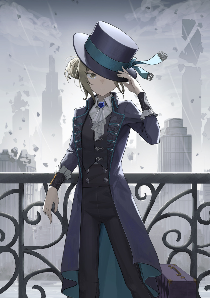 1girl absurdres against_railing ascot blue_bow boater_hat bow cityscape closed_mouth cloud collared_shirt dark_clouds grey_eyes grey_hair hair_bun hat hat_bow highres holding holding_clothes holding_hat jacket long_sleeves looking_at_viewer nyanko960121 railing rain reverse:1999 shirt short_hair single_side_bun solo storm storm_cloud vertin_(reverse:1999) white_shirt