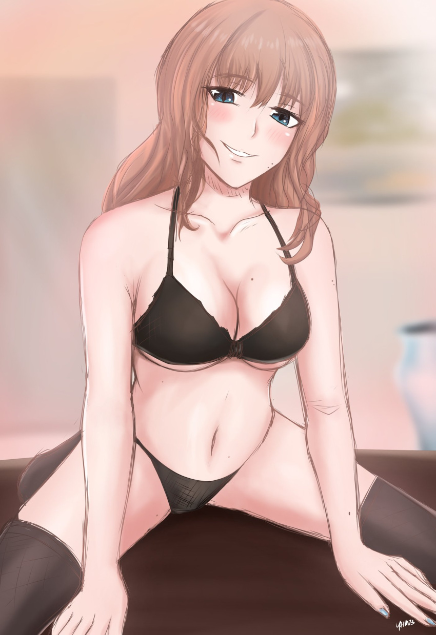 1girl arms_between_legs bare_arms bare_shoulders bed bed_sheet between_legs black_bra black_panties black_thighhighs black_underwear blue_eyes blue_nails blurry blurry_background blush borrowed_character bra breasts brown_hair crewcrux doorway hand_between_legs highres indoors large_breasts long_hair midriff mole mole_on_arm mole_on_body mole_on_breast mole_on_shoulder mole_under_mouth multiple_moles nail nail_polish navel on_bed original painting_(object) panties picture_frame seiza sitting smile solo stomach teeth thighhighs thighs thong underwear vase