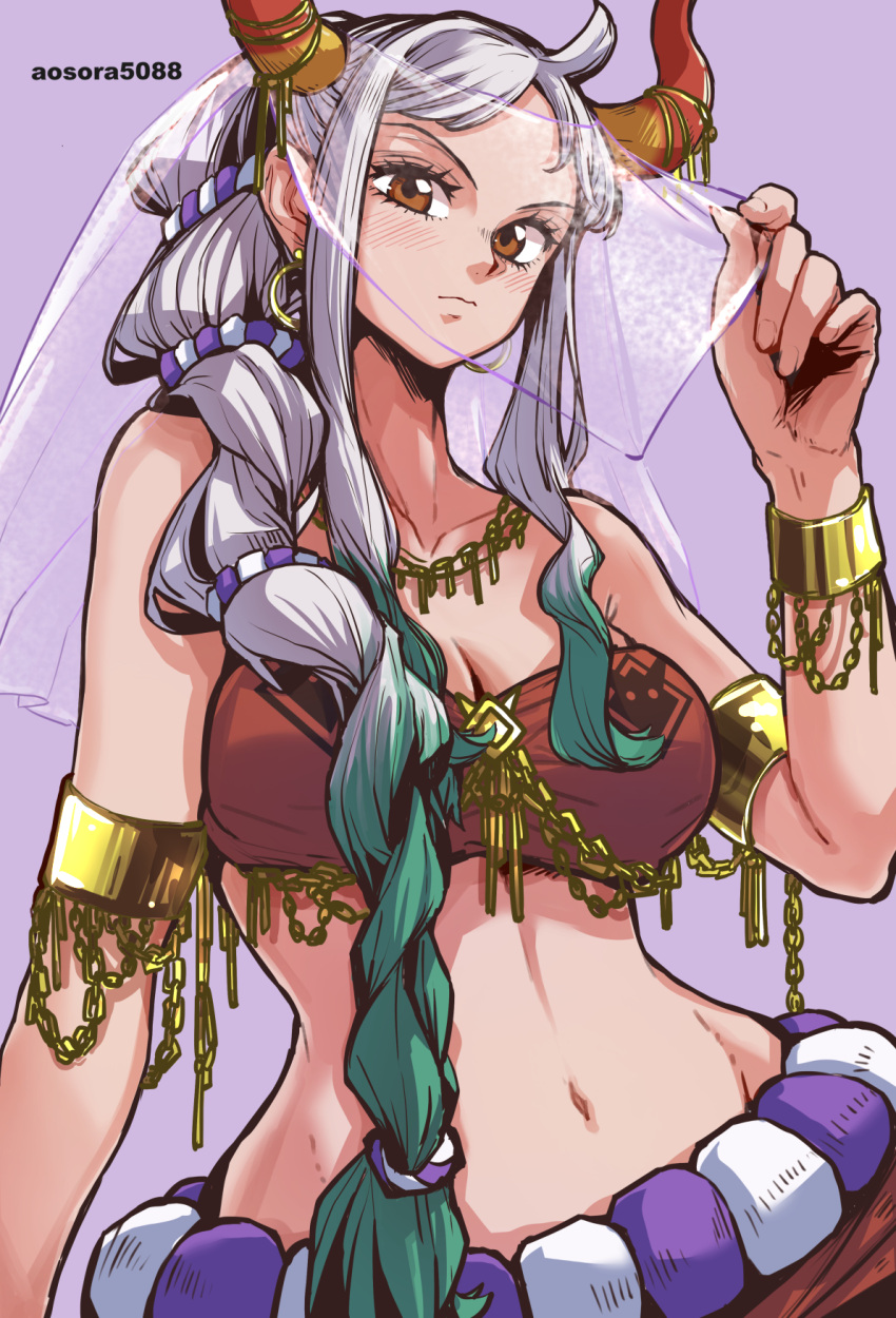 1girl alternate_costume alternate_hairstyle aosora2823 arm_at_side armlet artist_name bandeau blush bracelet braid breasts brown_eyes cleavage closed_mouth collarbone curled_horns earrings fingernails green_hair grey_hair hand_up harem_outfit highres horn_ornament horns jewelry large_breasts leaning_to_the_side lifted_by_self long_hair looking_at_viewer midriff multicolored_hair multicolored_horns navel necklace one_piece oni purple_background red_horns simple_background solo stomach strapless upper_body veil veil_lift very_long_hair yamato_(one_piece) yellow_horns