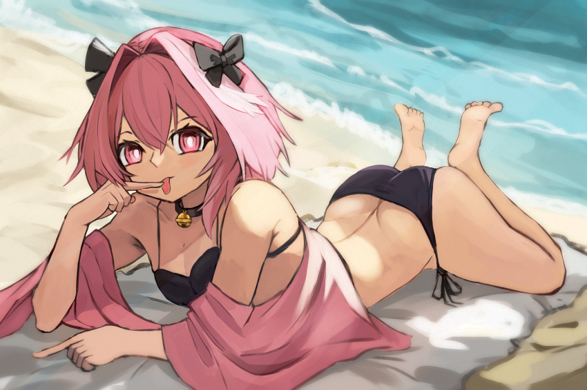 1boy absurdres astolfo_(fate) bad_id bad_pixiv_id beach bell bikini black_bikini black_bow bow butt_crack closed_mouth fate/apocrypha fate_(series) hair_between_eyes hair_bow hair_intakes highres jingle_bell looking_at_viewer lying medium_hair multicolored_hair neck_bell ocean on_stomach pink_eyes pink_hair sand solo swimsuit tchairss tongue tongue_out white_hair