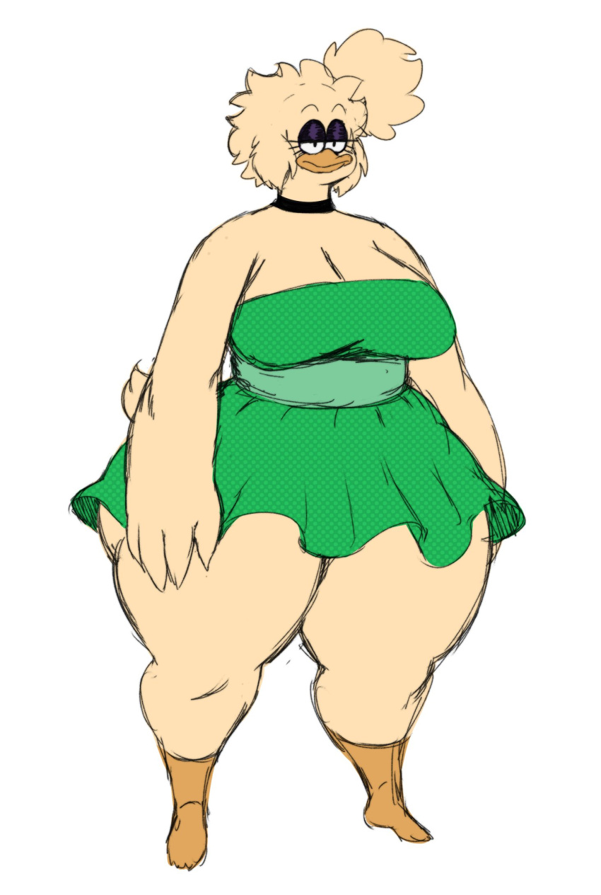 anatid annoyed anseriform anthro avian big_breasts big_butt bird breasts butt clothing dress duck feathers female green_clothing green_dress hi_res huge_breasts marble_(sssonic2) solo sssonic2 thick_thighs white_body white_feathers wide_hips