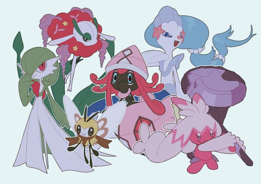 :&gt; closed_mouth fangs florges florges_(red) flower full_body gardevoir hammer highres holding holding_hammer holding_weapon no_humans open_mouth pokemon pokemon_(creature) primarina ribombee simple_background smile tapu_lele tinkaton v_(govvvvw) weapon wings