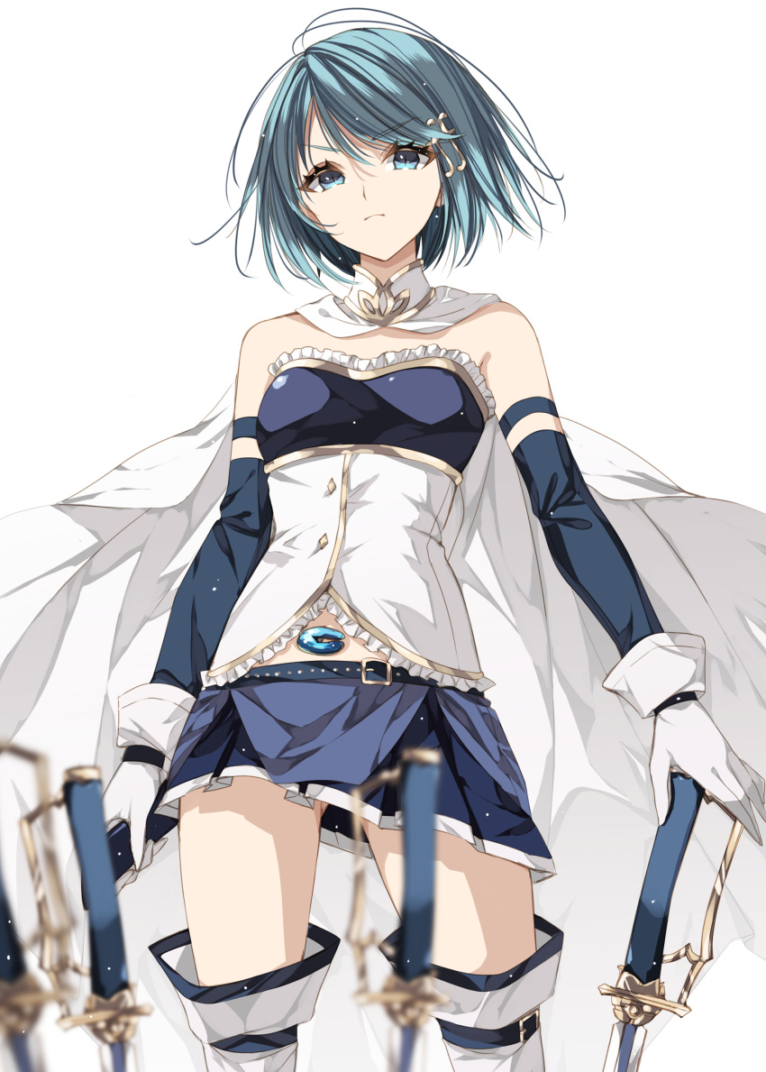 &gt;:( 1girl absurdres ass_visible_through_thighs bare_shoulders belt blue_belt blue_eyes blue_hair blue_shirt blue_skirt blurry breasts buttons cape closed_mouth detached_sleeves diamond_button fortissimo frills gloves hair_between_eyes hair_ornament highres holding holding_sword holding_weapon legwear_garter long_sleeves looking_at_viewer magical_girl mahou_shoujo_madoka_magica mandarin_collar medium_breasts midriff_peek miki_sayaka miniskirt misteor musical_note musical_note_hair_ornament navel pleated_skirt shirt short_hair simple_background skirt solo standing strapless strapless_shirt sword thigh_strap thighhighs v-shaped_eyebrows weapon white_background white_cape white_gloves white_thighhighs zettai_ryouiki