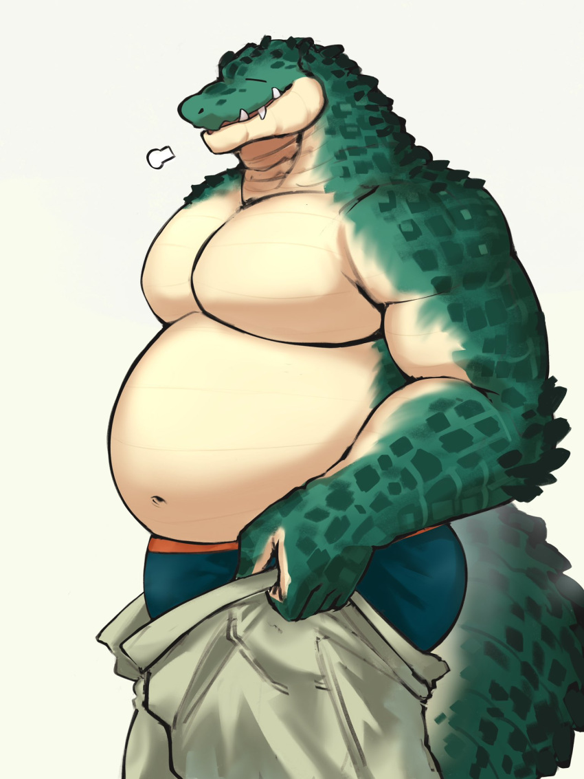 1boy =_= bara big_belly bulge dressing edging_underwear fangs feet_out_of_frame from_side furry furry_male galos_(sonchai) green_male_underwear highres i've_never_seen_a_guy_recreate_this_successfully_tbh_(meme) large_pectorals lizardman male_focus male_underwear meme muscular muscular_male navel no_nipples open_pants original pants pants_lift pectorals reptile_boy short_hair sigh solo sonchai_(asha_sonchai173) stomach topless_male tusks undersized_clothes underwear