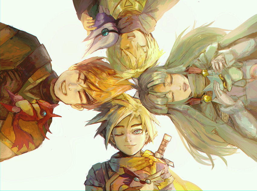 1girl 3boys absurdres blonde_hair blue_hair cape elidyss garet_(golden_sun) golden_sun highres isaac_(golden_sun) ivan_(golden_sun) mia_(golden_sun) multiple_boys one_eye_closed red_hair rocket_launcher rpg scarf smile video_game weapon