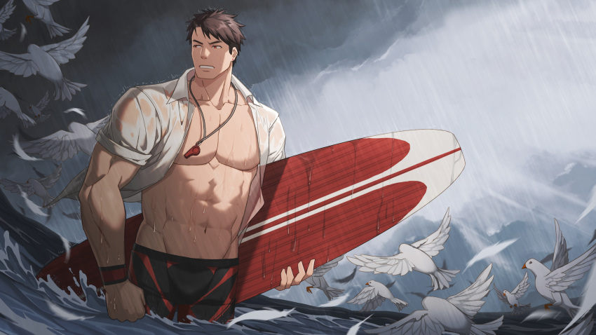 1boy abs bara bird black_hair black_male_swimwear cloud collared_shirt day dove highres holding holding_surfboard jammers large_pectorals male_focus male_swimwear muscular muscular_male navel open_clothes open_shirt original outdoors pectorals rain shirt short_hair sky solo surfboard water water_drop wet wet_clothes whistle whistle_around_neck white_dove white_shirt wristband zhuganchangjiadan