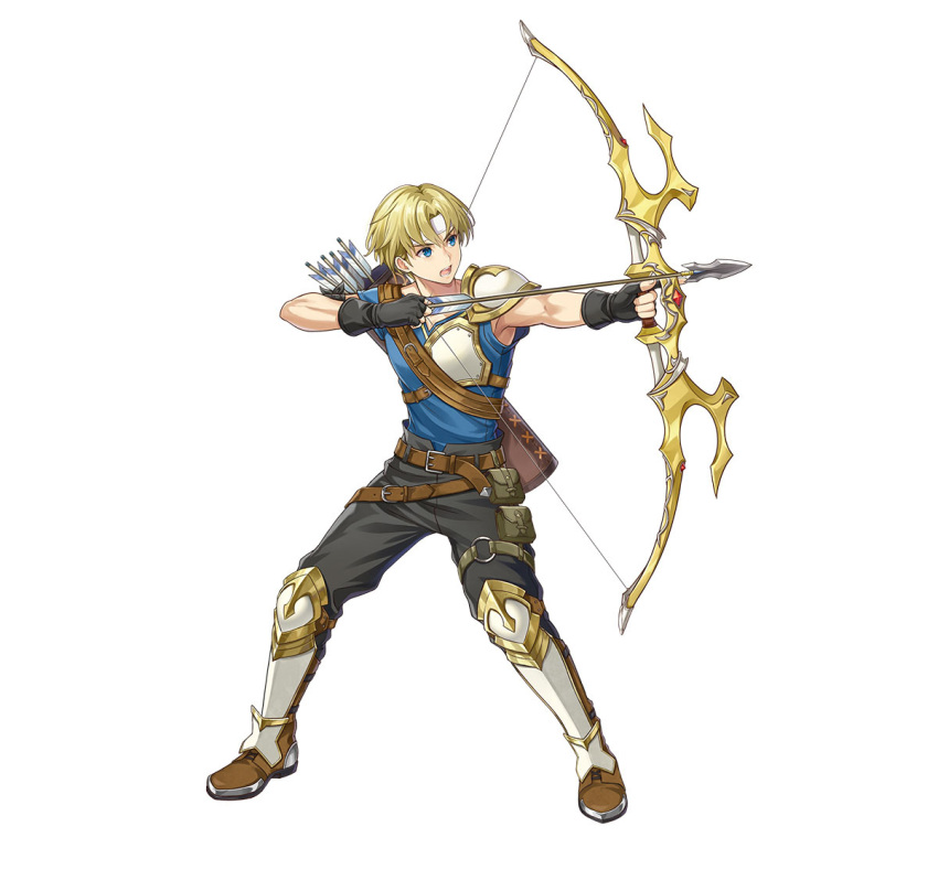 1boy aiming attack blonde_hair blue_eyes bow_(weapon) brown_pants febail_(fire_emblem) fingerless_gloves fire_emblem fire_emblem:_genealogy_of_the_holy_war full_body gloves headband official_art open_mouth pants quiver single_shoulder_pad solo v-shaped_eyebrows weapon white_background white_headband