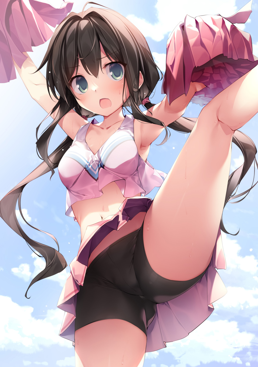 1girl :o absurdres armpits arms_up ass bare_arms bare_shoulders bike_shorts black_hair black_shorts blue_eyes breasts cheerleader collarbone crop_top crop_top_overhang highres imouto_(karory) karory leg_up long_hair looking_at_viewer low_twintails medium_breasts midriff miniskirt navel non-web_source open_mouth original pink_shirt pink_skirt pleated_skirt pom_pom_(cheerleading) shirt short_shorts shorts shorts_under_skirt skirt sleeveless sleeveless_shirt solo stomach thighs twintails