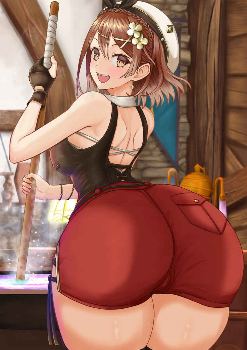 1girl ass atelier_(series) atelier_ryza atelier_ryza_3 belt blush braid breasts brown_belt brown_eyes brown_gloves brown_hair brown_thighhighs brown_vest choker clover_hair_ornament crown_braid dangle_earrings earrings gloves hair_ornament highres huge_ass janqoo89 jewelry large_breasts multiple_bracelets multiple_necklaces red_shorts reisalin_stout short_shorts shorts single_glove solo star_(symbol) star_choker star_earrings thighhighs vest white_headwear wide_hips x_hair_ornament