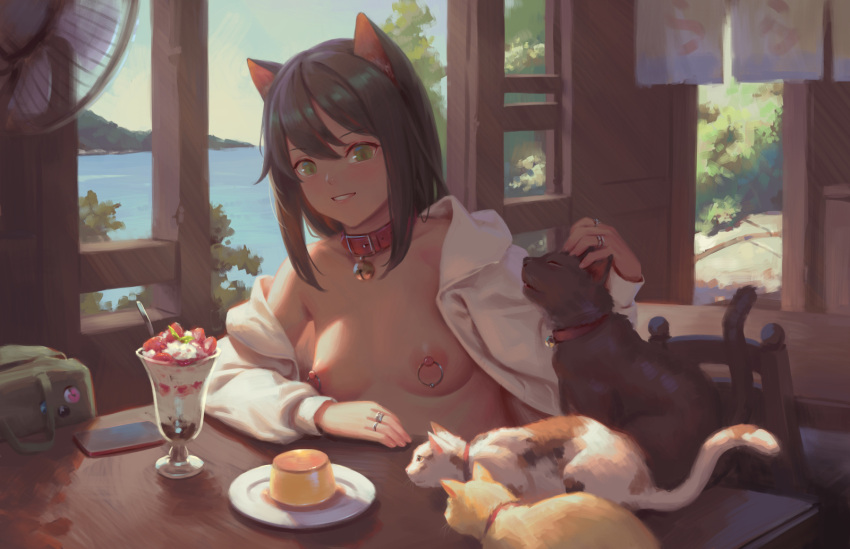 1girl animal animal_ears bell bigrbear black_hair blue_sky breasts cat cat_ears cat_girl cellphone chair cloud collar commentary_request day dessert electric_fan food green_eyes highres indoors long_sleeves medium_breasts naked_shirt neck_bell nipple_piercing nipples open_clothes open_shirt original parted_lips petting phone piercing pudding red_collar shirt short_hair sitting sky smartphone smile solo white_shirt