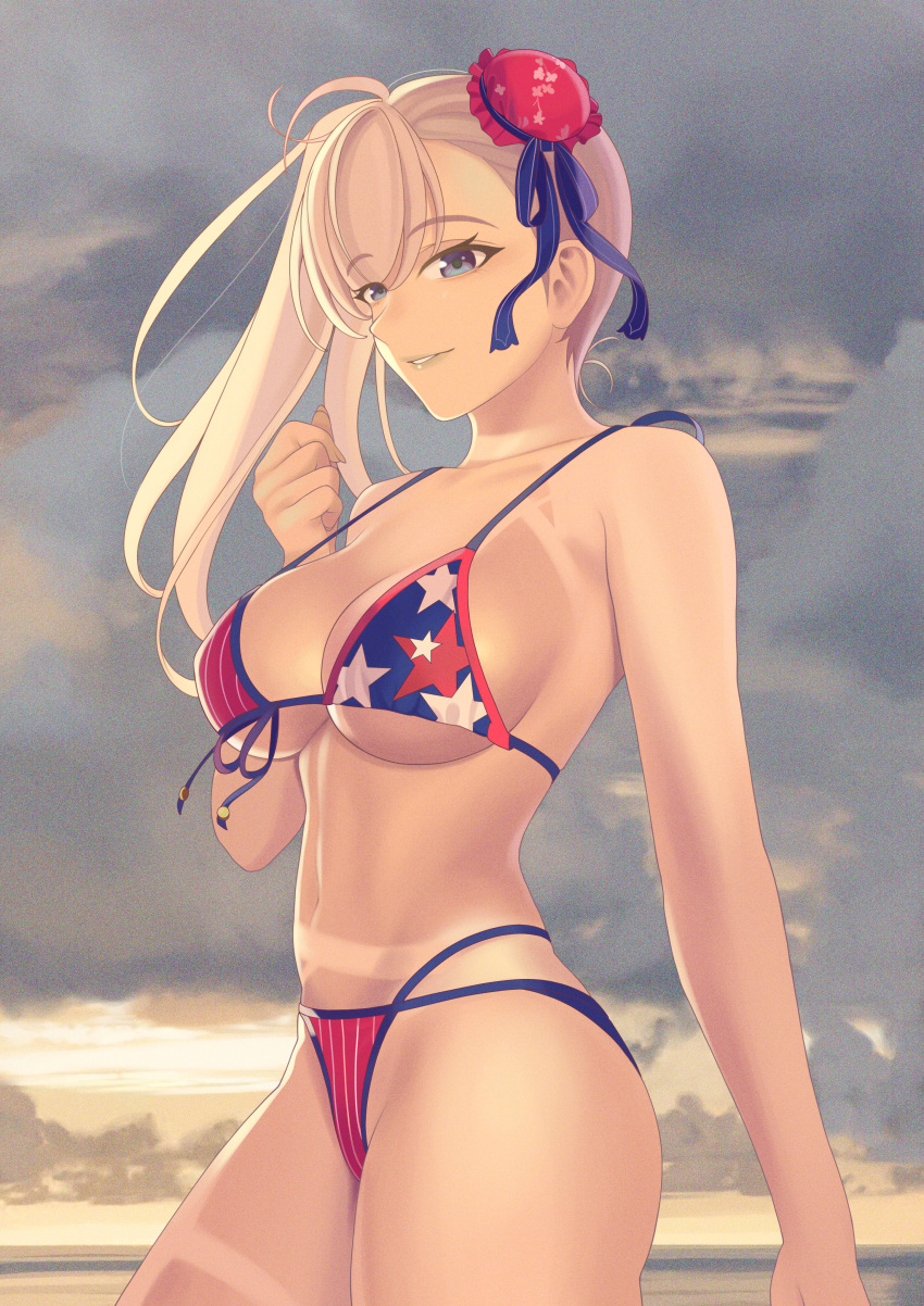 1girl absurdres american_flag_bikini asymmetrical_hair bikini blue_eyes breasts bun_cover cloud cloudy_sky commentary_request cowboy_shot fate/grand_order fate_(series) flag_print from_side front-tie_bikini_top front-tie_top hair_bun highres large_breasts miyamoto_musashi_(fate) miyamoto_musashi_(swimsuit_berserker)_(fate) miyamoto_musashi_(swimsuit_berserker)_(second_ascension)_(fate) multi-strapped_bikini navel pink_hair print_swimsuit quatthro single_hair_bun single_hair_intake single_side_bun single_sidelock sky solo standing swept_bangs swimsuit tan tanlines