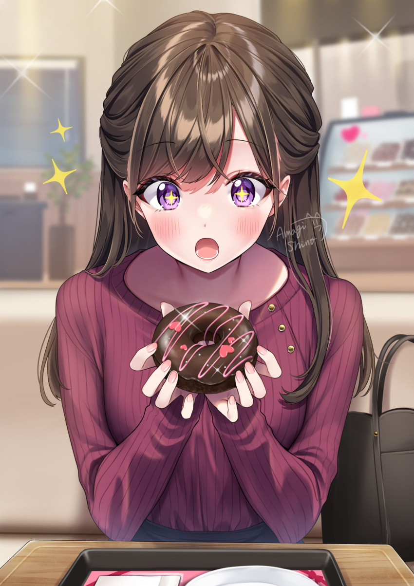 1girl :o amagi_shino artist_name bag bangs blurry blurry_background blush brown_hair casual commentary_request dot_nose doughnut eating excited eyelashes food handbag happy highres holding holding_food indoors long_hair long_sleeves lower_teeth_only open_mouth original parted_bangs pink_nails plant plate potted_plant purple_eyes receptionist_girl_(amagi_shino) red_sleeves signature sitting solo sparkle sparkling_eyes table teeth tray upper_body wooden_table