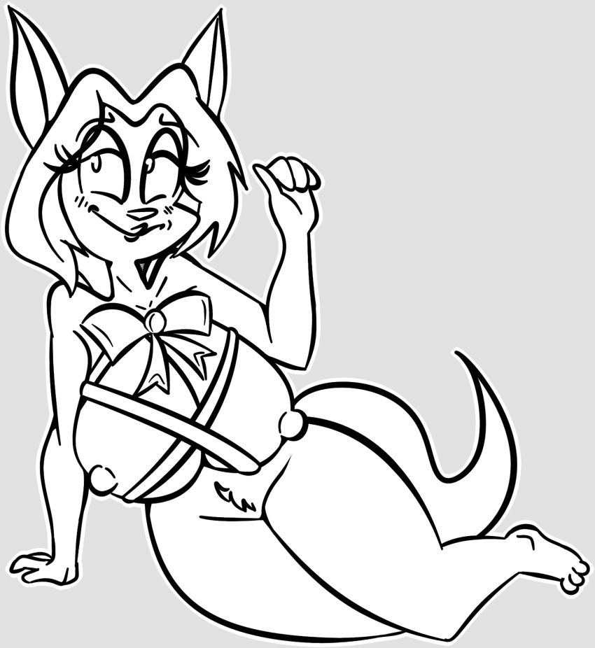2023 3_toes 4_fingers anthro arm_support bedroom_eyes bent_arm big_breasts big_eyes big_nipples biped blush blush_lines bow_(feature) breasts christmas clare's_stupid_life clare_cat closed_smile crotch_tuft curved_eyebrows digital_drawing_(artwork) digital_media_(artwork) domestic_cat extended_arm eye_through_hair eyebrow_through_hair eyebrows eyelashes eyelids feet felid feline felis female female_anthro fingers fur fur_tuft gift_bow gift_wrapped gold-white-kott greyscale hair hi_res holidays huge_breasts legs_together lipstick long_eyelashes looking_at_viewer lounging makeup mammal monochrome mostly_nude mostly_nude_anthro mostly_nude_female mouth_closed narrowed_eyes nipples outline pinup plantigrade pose prick_ears ribbons seductive short_hair smile smiling_at_viewer solo tail thick_thighs toes translucent translucent_hair tuft white_outline