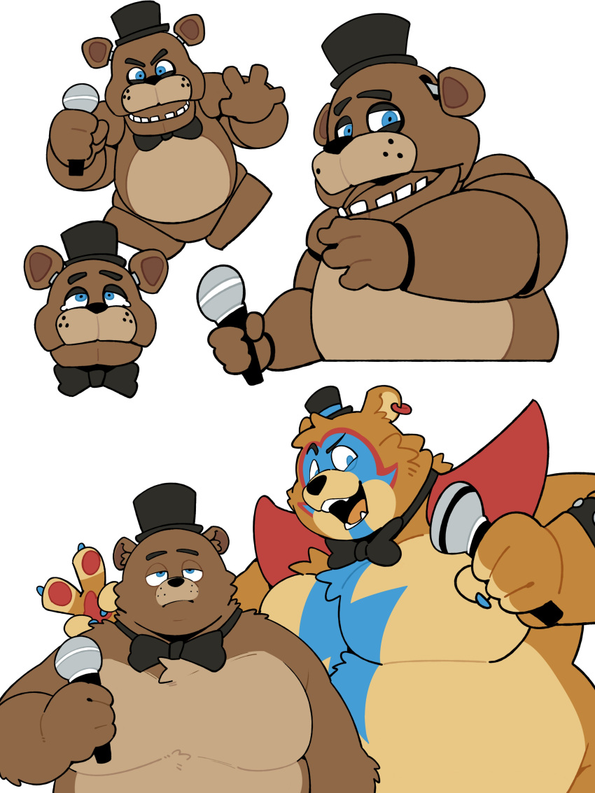 4_fingers absurd_res animatronic anthro bear black_clothing black_hat black_headwear black_neckwear blue_eyes bodily_fluids brown_body chubby_male clothing crying duo ear_piercing expressionless fingers five_nights_at_freddy's five_nights_at_freddy's:_security_breach freddy_(fnaf) glamrock_freddy_(fnaf) happy hat headgear headwear hi_res machine male male_focus mammal microphone narrowed_eyes paldrons piercing quanjiang robot scottgames simple_background steel_wool_studios tears white_background