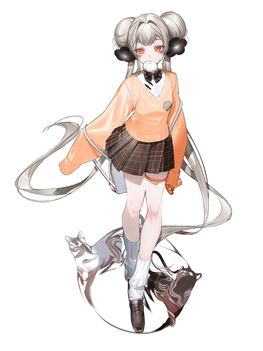 1girl absurdres arms_at_sides backpack bag black_cat black_flower black_footwear bow bowtie cat chinese_clothes crest double_bun dumpling eyelashes flower food food_in_mouth food_on_face full_body grey_hair hair_bun hair_flower hair_intakes hair_ornament highres leg_ribbon loafers long_hair long_sleeves looking_at_viewer loose_socks orange_eyes orange_ribbon orange_sweater orange_tassel original plaid plaid_bow plaid_bowtie plaid_skirt pleated_skirt ribbed_socks ribbon school_uniform shirt shoes shokuen_(oxstl) simple_background skirt sleeves_past_fingers sleeves_past_wrists socks solo standing sweater tassel thigh_ribbon twintails v-neck very_long_hair walking white_background white_bag white_cat white_flower white_shirt white_socks