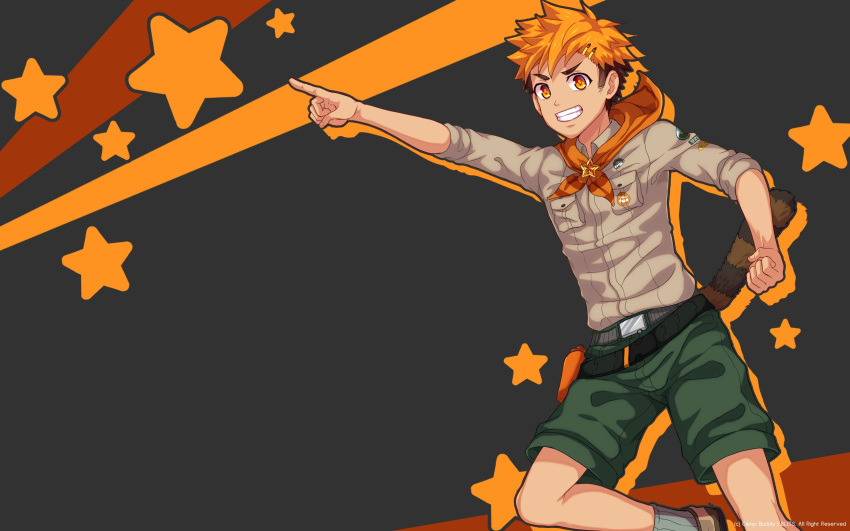 1boy akiba_hiro belt black_background brown_shirt camp_buddy feet_out_of_frame green_shorts hair_ornament hairpin highres looking_at_viewer male_focus mikkoukun official_art official_wallpaper orange_eyes orange_hair orange_hood pointing shirt shorts smile solo starry_background tail undercut