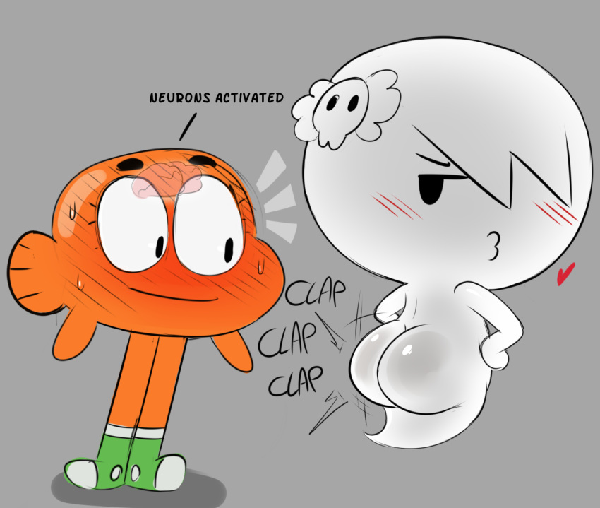 accessory anthro big_butt blush blush_lines bodily_fluids brain butt carrie_krueger cartoon_network child darwin_watterson duo female fish ghost hair hair_accessory hair_over_eye male male/female marine not_furry one_eye_obstructed organs simple_background spirit stare sweat the_amazing_world_of_gumball twerking unknown_artist young