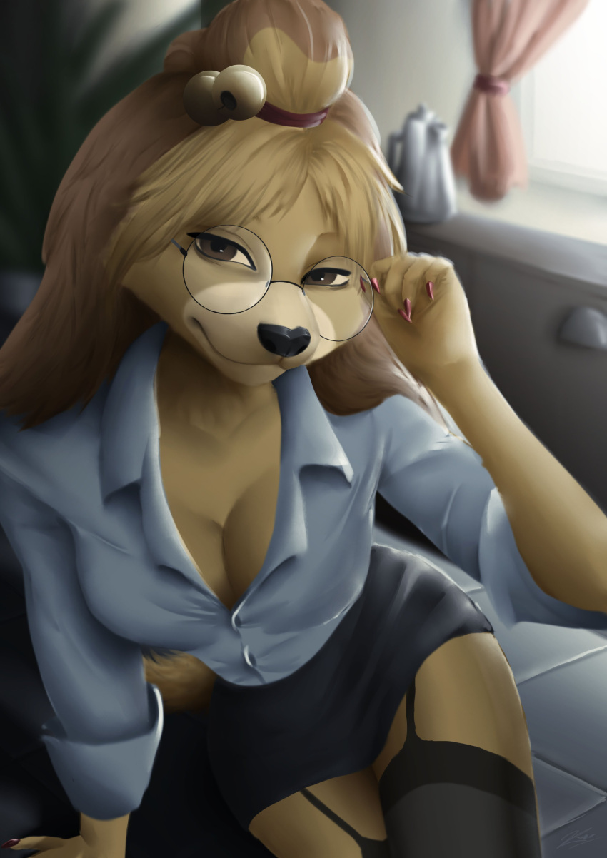 2022 5_fingers absurd_res animal_crossing anthro bell bell_accessory bell_hair_tie black_nose blonde_hair bottomwear breasts brown_eyes canid canine canis claws clothing detailed_background digital_media_(artwork) domestic_dog ears_down eyewear female finger_claws fingers front_view fur garter_straps glasses hair hi_res isabelle_(animal_crossing) legwear long_ears long_hair mammal nintendo pivoted_ears shih_tzu shirt signature sitting skirt solo stockinger stockings topwear toy_dog yellow_body yellow_fur