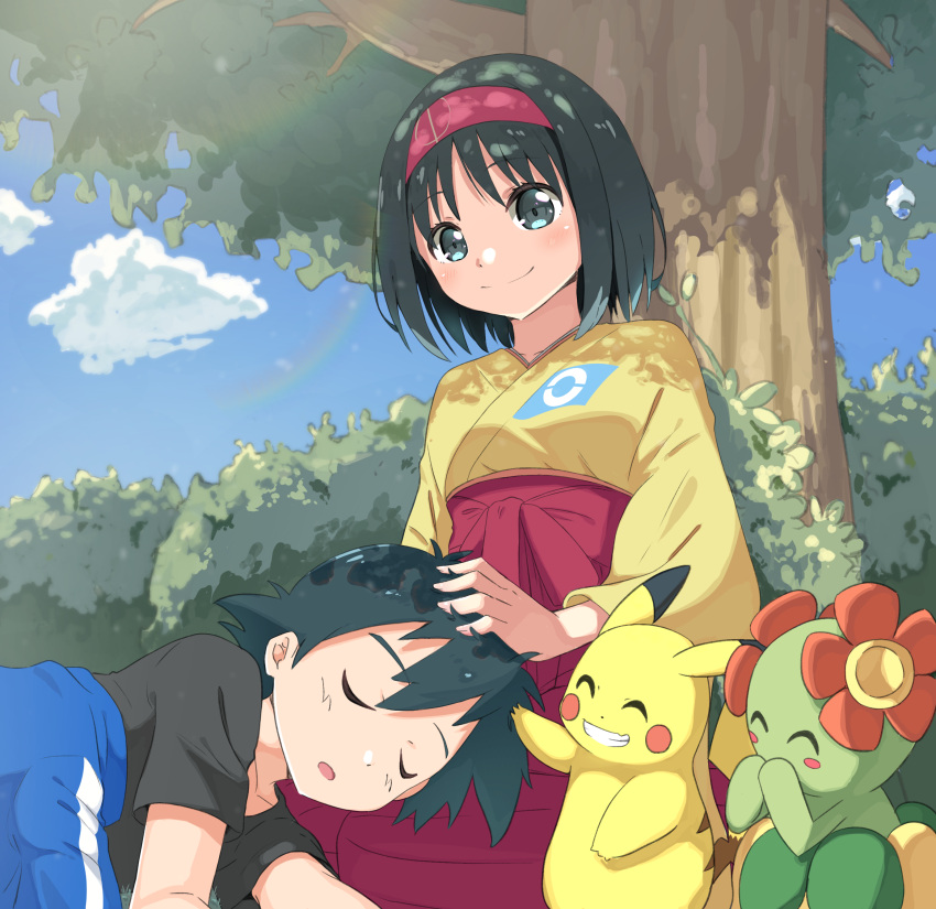 1boy 1girl absurdres ash_ketchum bellossom black_eyes black_hair blue_sky commission erika_(pokemon) hairband highres japanese_clothes kimono lap_pillow medium_hair negimiso1989 pikachu pixiv_commission pokemon short_hair sky sleeping smile tree under_tree