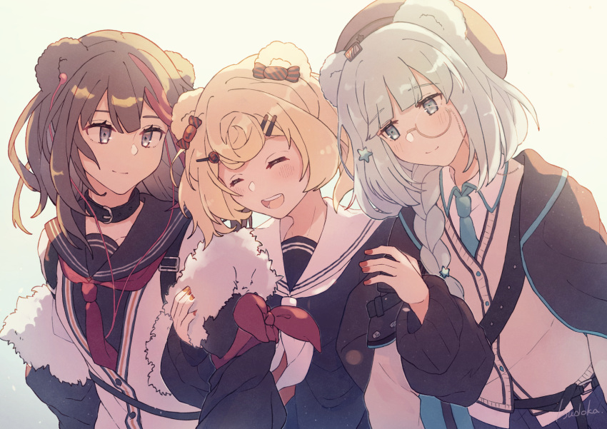 3girls animal_ears arknights arm_hug armband artist_name backlighting beret black_coat black_shirt blonde_hair blue_eyes blue_necktie blush braid braided_ponytail brown_hair candy_hair_ornament closed_eyes closed_mouth coat collar collared_shirt commentary earbuds earphones food-themed_hair_ornament fur-trimmed_coat fur_trim grey_eyes grey_hair gummy_(arknights) hair_ornament hairclip hat highres istina_(arknights) jacket jacket_on_shoulders long_hair long_sleeves looking_at_another monocle multicolored_hair multiple_girls neckerchief necktie off_shoulder open_mouth red_neckerchief sailor_collar shirt short_hair smile star_(symbol) star_hair_ornament streaked_hair sudoka symbol-only_commentary upper_body vest watermark white_shirt zima_(arknights)