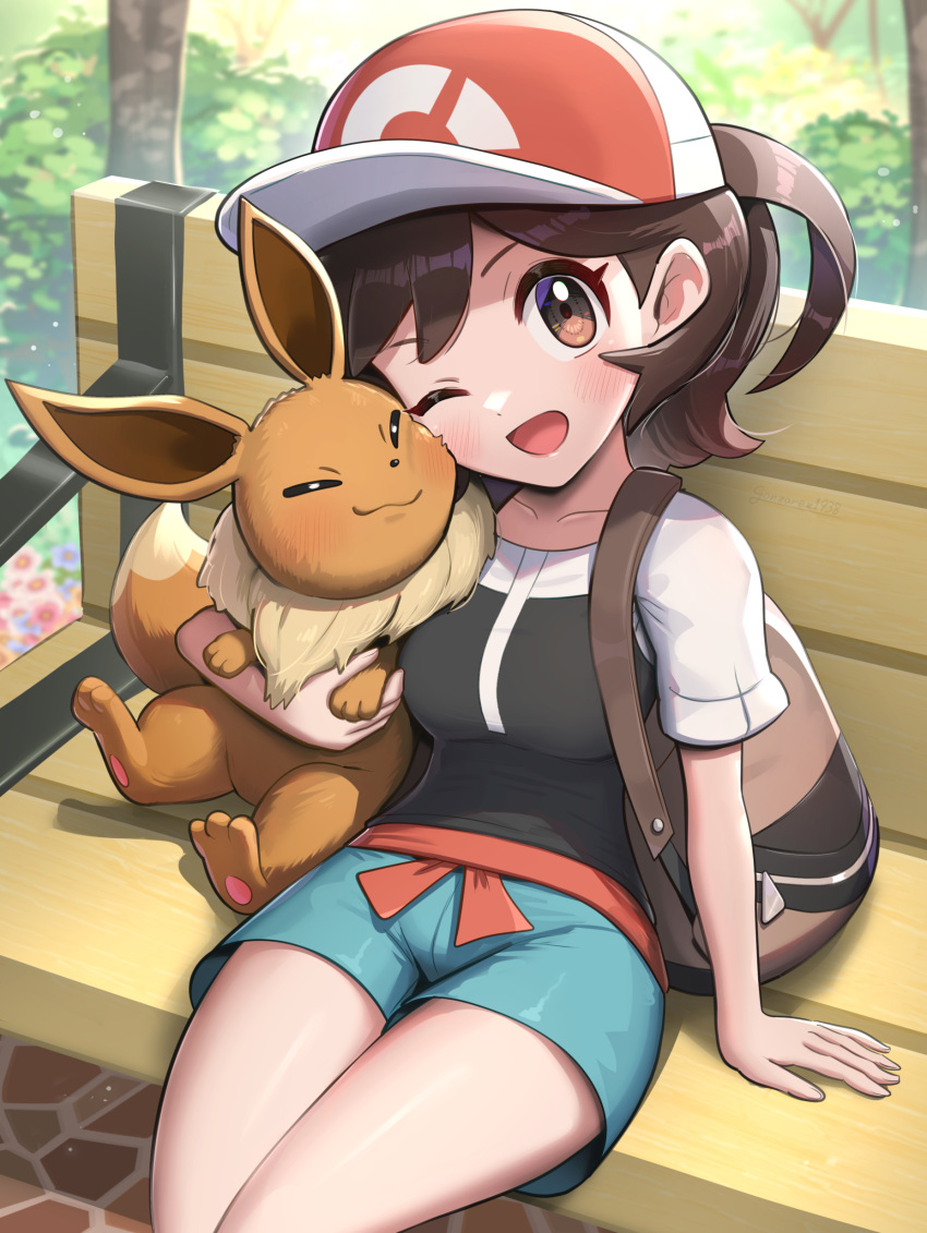 1girl absurdres bag blurry blurry_background brown_bag brown_fur brown_hair closed_eyes collarbone dot_nose eevee elaine_(pokemon) gonzarez green_shorts handbag highres looking_at_viewer medium_hair one_eye_closed open_mouth parted_bangs pokemon pokemon_(creature) pokemon_(game) pokemon_lgpe ponytail shorts sitting_on_bench tree wooden_bench