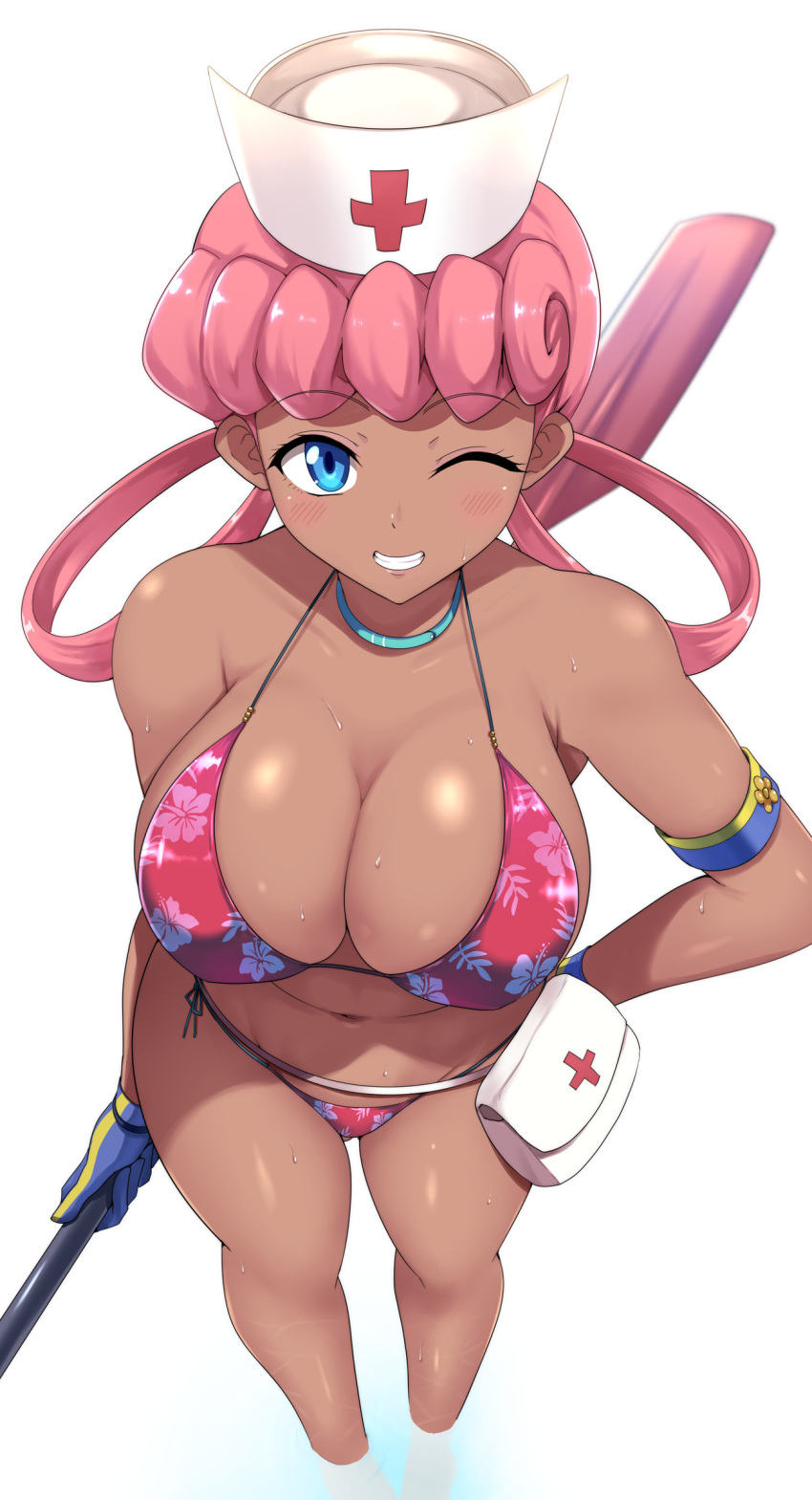 1girl absurdres bikini blue_eyes breasts cleavage commission dark-skinned_female dark_skin first_aid_kit hat highres joy_(pokemon) kasai_shin large_breasts looking_at_viewer nurse nurse_cap one_eye_closed pink_hair pixiv_commission pokemon red_bikini simple_background solo sweat swimsuit tan thighs white_background