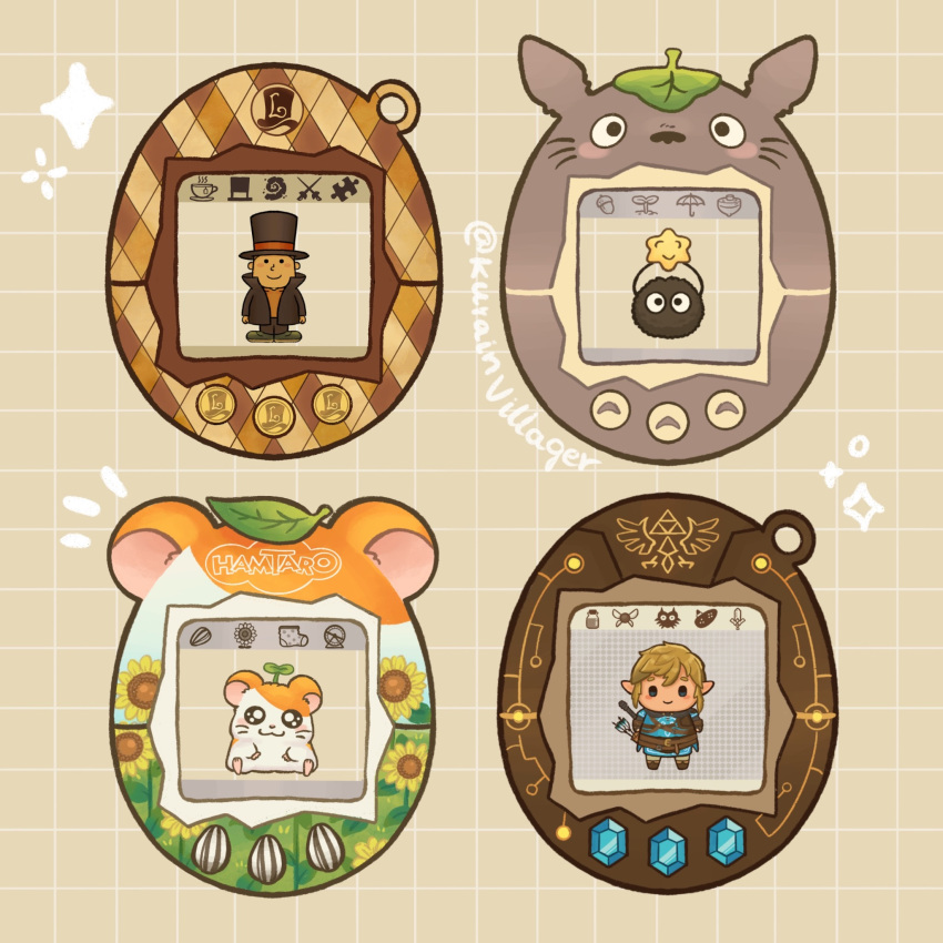 blonde_hair blue_eyes blush brown_jacket flower hamster hamtaro hamtaro_(series) hat hershel_layton highres jacket kurain_villager link open_clothes open_jacket pointy_ears professor_layton smile star_(symbol) sunflower susuwatari tamagotchi the_legend_of_zelda the_legend_of_zelda:_tears_of_the_kingdom tonari_no_totoro top_hat totoro