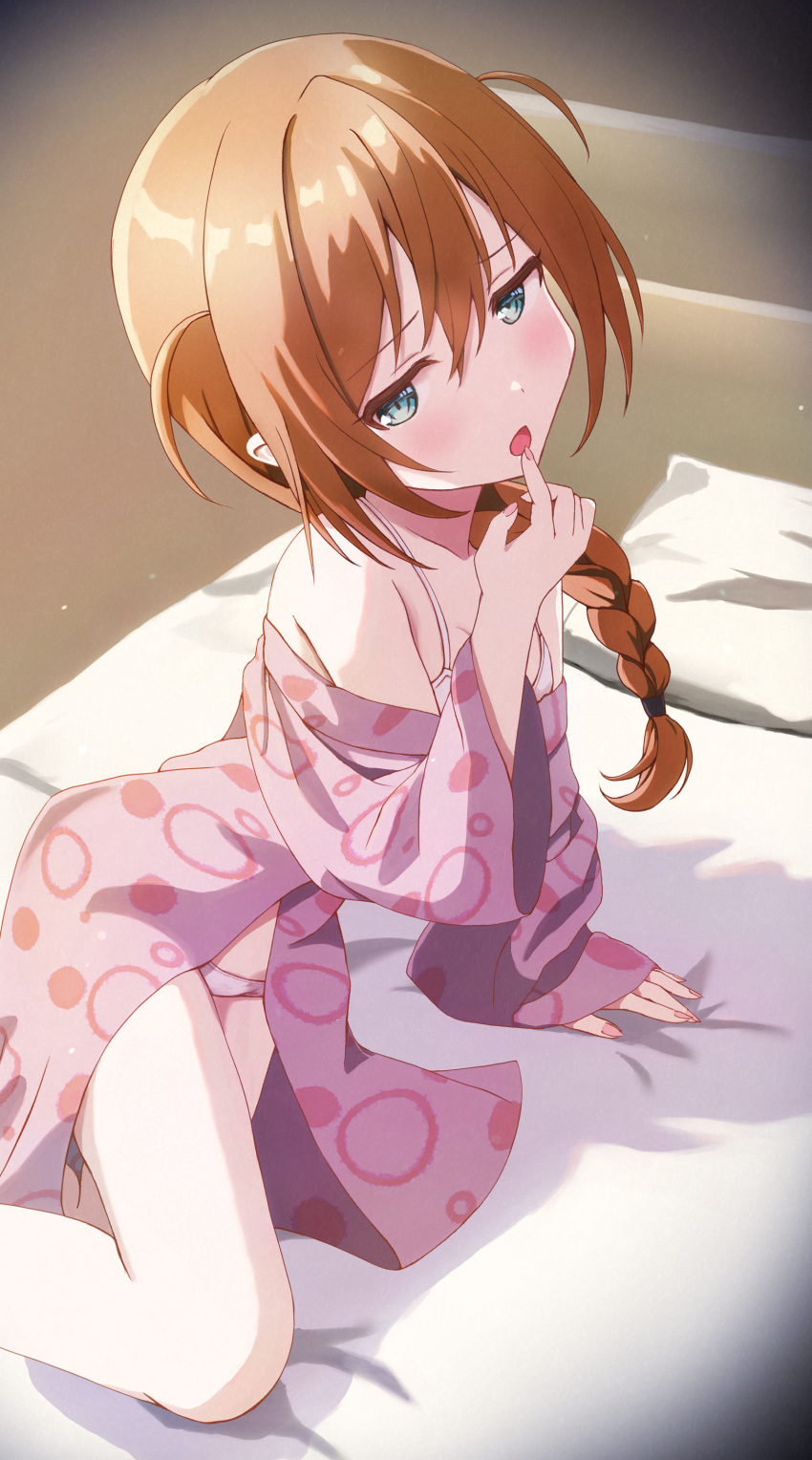 1girl :o absurdres arm_support baba_konomi bed bed_sheet blush bra braid braided_ponytail brown_hair finger_to_mouth hair_over_shoulder highres idolmaster idolmaster_million_live! japanese_clothes kimono kimono_pull looking_at_viewer miuoisi on_bed panties solo underwear white_bra white_panties
