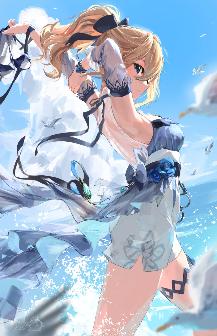 absurdres aqua_flower blonde_hair blue_eyes blue_shirt blue_sky bow detached_sleeves from_side genshin_impact hair_bow high-waist_shorts high_heels highres holding_own_arm jean_(genshin_impact) jean_(sea_breeze_dandelion)_(genshin_impact) meltyrice ocean official_alternate_costume partially_submerged ponytail shirt shorts sky solo water white_shorts