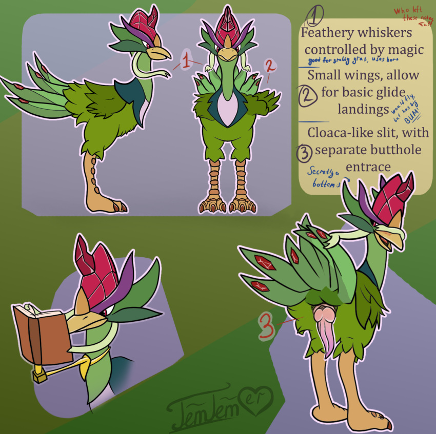 avian blush chimurian_(temtem) cloacal_penis crystal erection feathers feral front_view genitals hi_res horn limpid_plume_(temtemlover) male model_sheet penis presenting presenting_penis raised_tail rear_view side_view solo tail tail_feathers temtem_lover wings