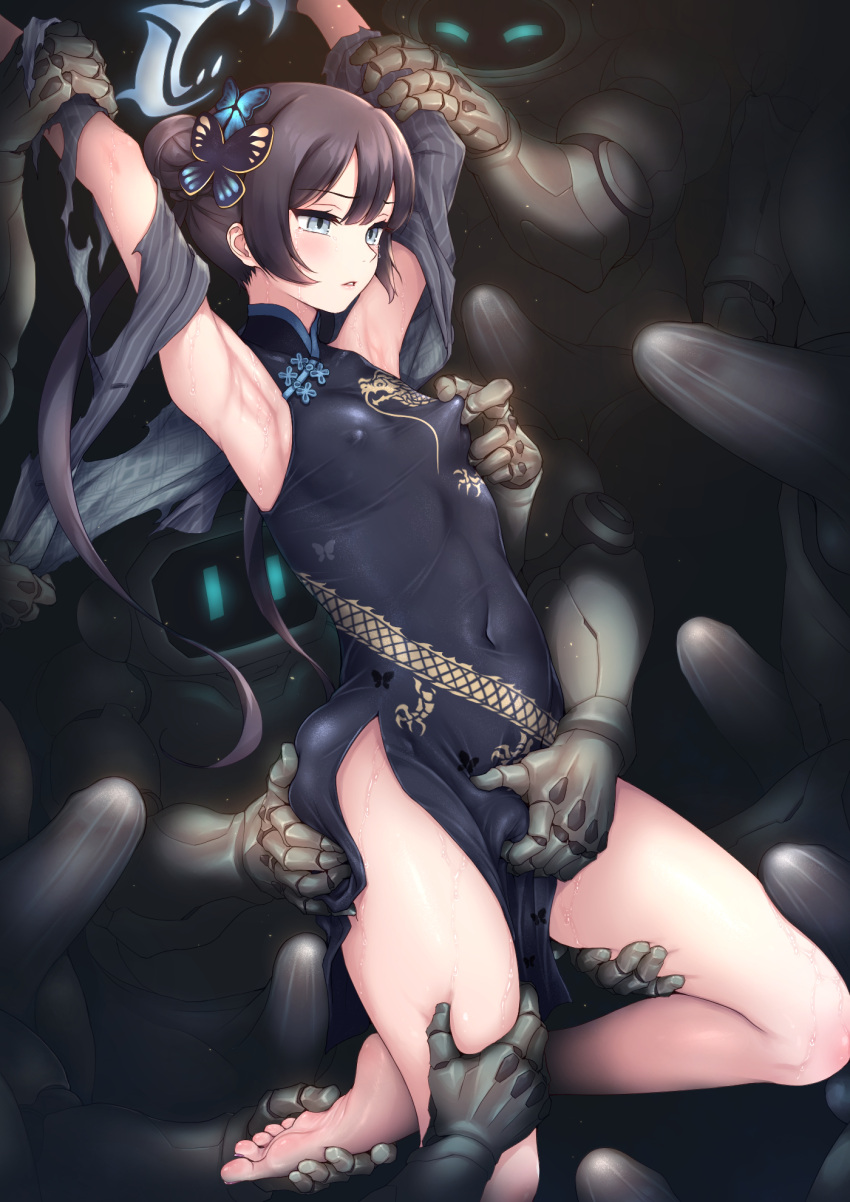 1girl armpits arms_up ass barefoot black_dress black_hair blue_archive blue_eyes blush cameltoe china_dress chinese_clothes covered_navel covered_nipples dragon_print dress fingering fingering_through_clothes hair_bun hair_ornament highres kisaki_(blue_archive) kuragetakos long_hair nipple_tweak parted_lips robot single_hair_bun sweat through_clothes