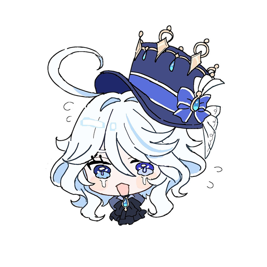 1girl ascot black_ascot blue_bow blue_eyes blue_gemstone blue_hair blue_headwear blush_stickers bow crying furina_(genshin_impact) gem genshin_impact gold_trim hat hat_bow head_only highres kn_9620 multicolored_hair open_mouth simple_background solo streaked_hair top_hat white_background white_hair