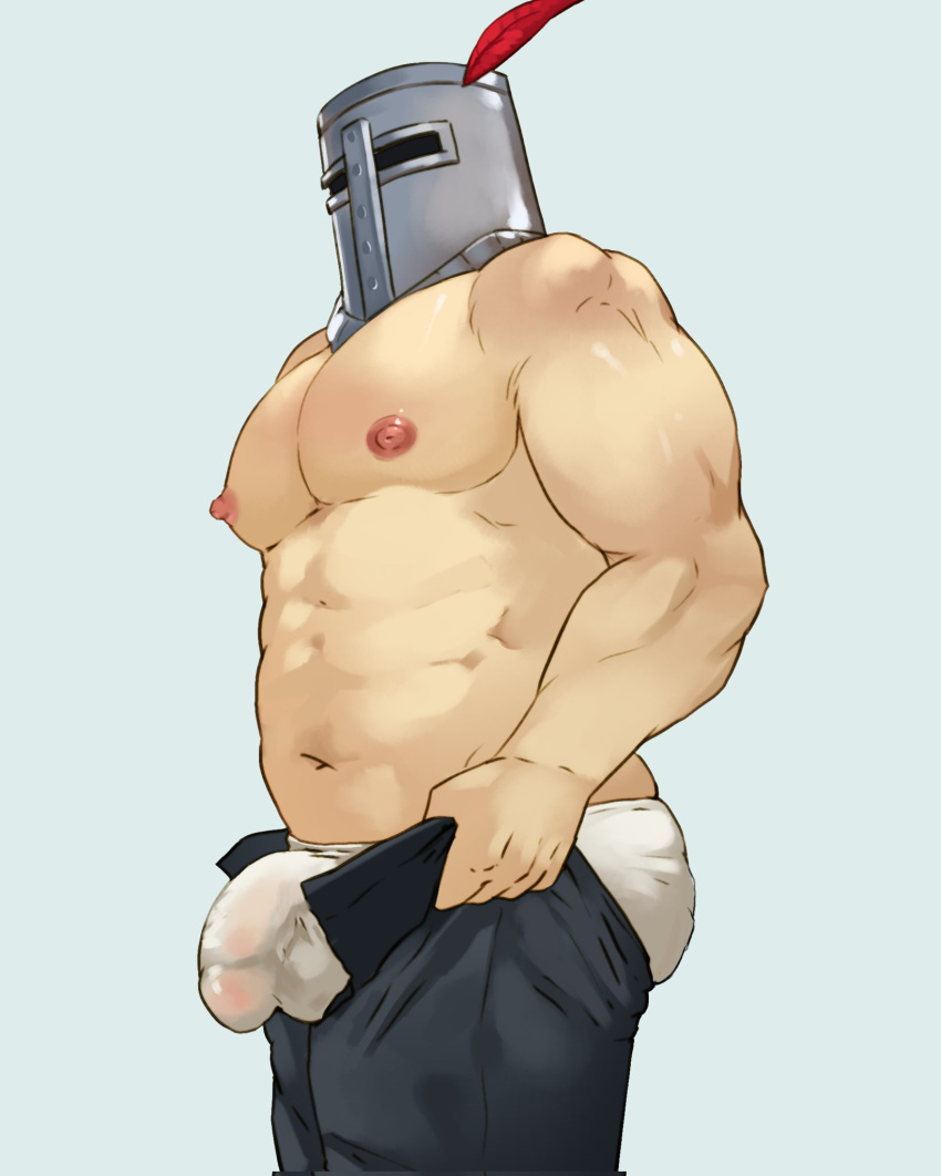 1boy abs ass bara belly bulge bulge_lift covered_penis dark_souls_(series) dark_souls_i dressing feathers feet_out_of_frame from_side helmet highres i've_never_seen_a_guy_recreate_this_successfully_tbh_(meme) knight large_pectorals looking_at_viewer male_focus male_underwear meme muscular muscular_male nipples open_pants pants pants_lift pectorals plump rick_penman see-through solaire_of_astora solo stomach thick_thighs thighs topless_male undersized_clothes underwear wet wet_clothes wet_male_underwear white_male_underwear