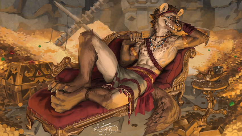 absurd_res anthro chair claws ewademar furniture gold_(metal) gold_jewelry hi_res hyena jewelry lounge_chair magic_lamp male mammal paws sea_of_thieves smile smiling_at_viewer solo treasure treasure_chest