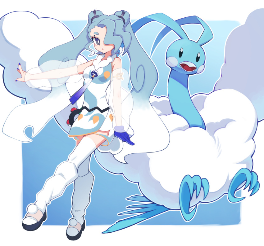 1girl altaria blue_background border bright_pupils commentary crossover detached_sleeves dress eyelashes eyeshadow flying_miku_(project_voltage) grey_eyes grey_hair hatsune_miku hibun_tsukasa holster long_hair looking_at_viewer loose_socks makeup necktie outline outside_border poke_ball poke_ball_(basic) pokemon pokemon_(creature) project_voltage see-through see-through_sleeves shoes socks thighhighs twintails vocaloid white_border white_pupils white_socks white_thighhighs