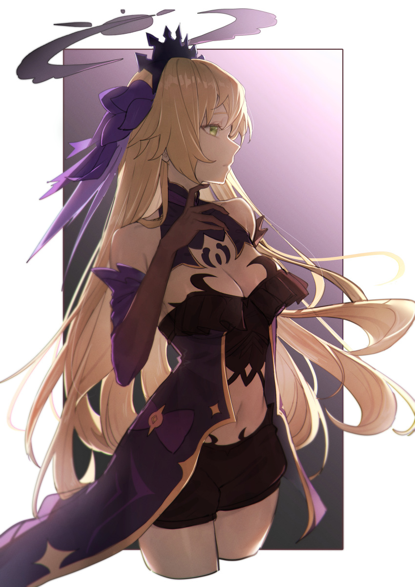 1girl absurdres alternate_costume black_shorts blonde_hair breasts cleavage commentary_request crop_top cropped_legs elbow_gloves fischl_(genshin_impact) genshin_impact gloves green_eyes halo highres long_hair medium_breasts mo80_rr navel profile short_shorts shorts simple_background solo tiara very_long_hair