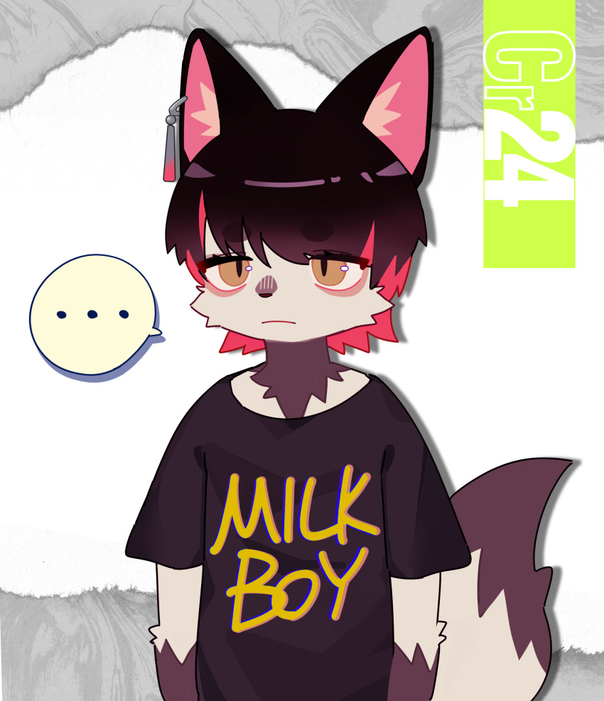 2023 anthro black_clothing black_hair black_nose black_shirt black_topwear brown_arms brown_body brown_eyes brown_fur brown_tail canid canine clothing ear_accessory fox fur glistening glistening_eyes gloves_(marking) hair hi_res highlights_(coloring) inner_ear_fluff kemono kuromu male mammal markings narrowed_eyes pink_highlights pink_inner_ear portrait pupils shirt shoulder_tuft slit_pupils solo speech_bubble t-shirt tail three-quarter_portrait topwear tuft two_tone_tail white_arms white_body white_face white_fur white_inner_ear_fluff white_tail