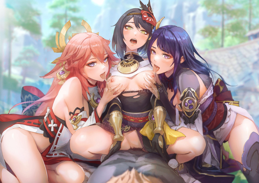 1boy 3girls bare_shoulders bisexual_female black_hair breasts breasts_out commentary cowgirl_position day female_pubic_hair genshin_impact girl_on_top grabbing grabbing_another's_breast group_sex hair_ornament harem highres kujou_sara licking licking_breast looking_at_viewer multiple_girls nipples no_panties open_mouth outdoors pink_hair pov pubic_hair purple_hair purple_thighhighs pussy raiden_shogun revision sex side_slit spread_legs spykeee straddling thick_thighs thighhighs thighs tongue tongue_out torn_clothes yae_miko yellow_eyes