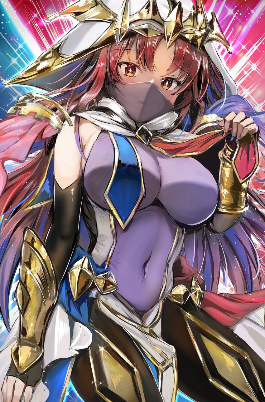 1girl blue_eyes blue_hair bodysuit breasts cleavage covered_navel diamond-shaped_pupils diamond_(shape) duel_monster elbow_gloves exceed_the_pendulum gloves hat highres large_breasts long_hair mask mouth_mask multicolored_eyes multicolored_hair red_eyes red_hair solo staryume streaked_hair symbol-shaped_pupils vambraces witch_hat yu-gi-oh!