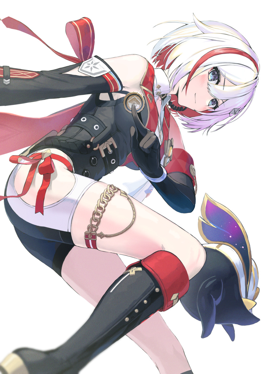 1girl bare_shoulders black_footwear black_gloves black_jacket blue_eyes boots closed_mouth coin colored_inner_hair commentary_request detached_sleeves foot_out_of_frame gloves highres hip_vent holding holding_coin honkai:_star_rail honkai_(series) jacket looking_at_viewer multicolored_hair numby_(honkai:_star_rail) pi_(p77777778) red_hair short_hair simple_background solo streaked_hair topaz_(honkai:_star_rail) white_background white_hair