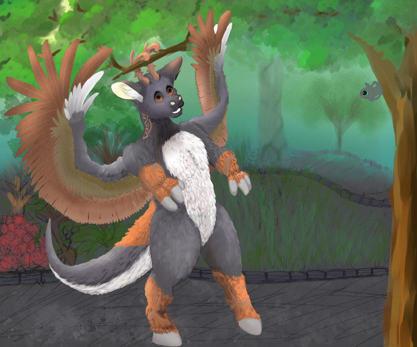absurd_res angel_dragon anthro antlers asinus clumsy donkey dragon equid equine feathers forest hi_res hooves horn hybrid mammal plant tree walking wings