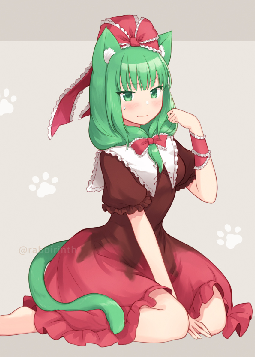 1girl animal_ears bow cat_ears cat_girl cat_tail dress frilled_dress frilled_sleeves frills front_ponytail green_eyes green_hair hair_bow hair_ribbon highres kagiyama_hina looking_at_viewer mito_tsubaki paw_pose red_bow red_dress red_ribbon ribbon shy solo tail touhou