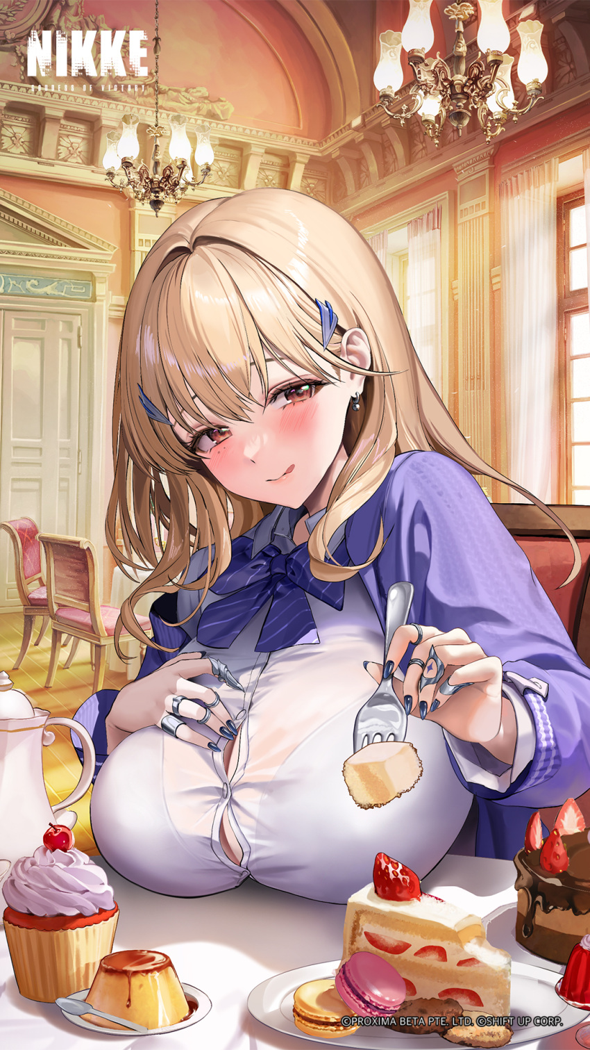 1girl blonde_hair blue_bow blue_bowtie blush bow bowtie breast_rest breasts breasts_on_table brown_eyes claw_ring collared_shirt goddess_of_victory:_nikke hair_ornament highres huge_breasts jewelry looking_at_viewer multiple_rings official_art partially_unbuttoned ring shirt solo tia_(nikke) white_shirt